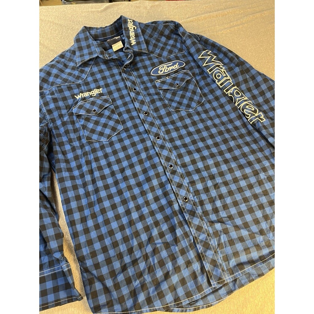 Vintage Y2K Ford Wrangler Shirt Mens Blue Black Plaid Snap Button Embroidered XL